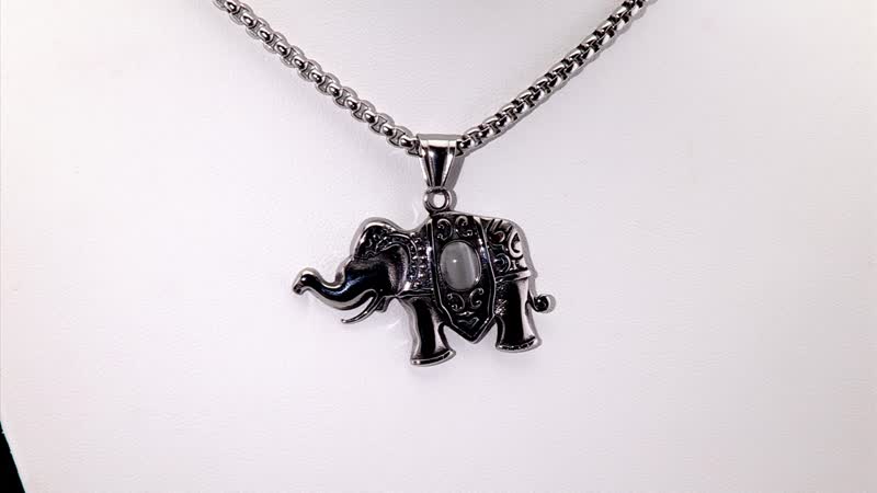 Lab Created White Cat's Eye 0.30 ctw Elephent Pendant Necklace in Black Oxidized Stainless Steel 23.5 Inches