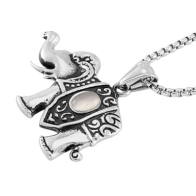Lab Created White Cat's Eye 0.30 ctw Elephent Pendant Necklace in Black Oxidized Stainless Steel 23.5 Inches
