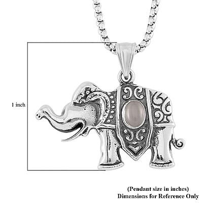 Lab Created White Cat's Eye 0.30 ctw Elephent Pendant Necklace in Black Oxidized Stainless Steel 23.5 Inches