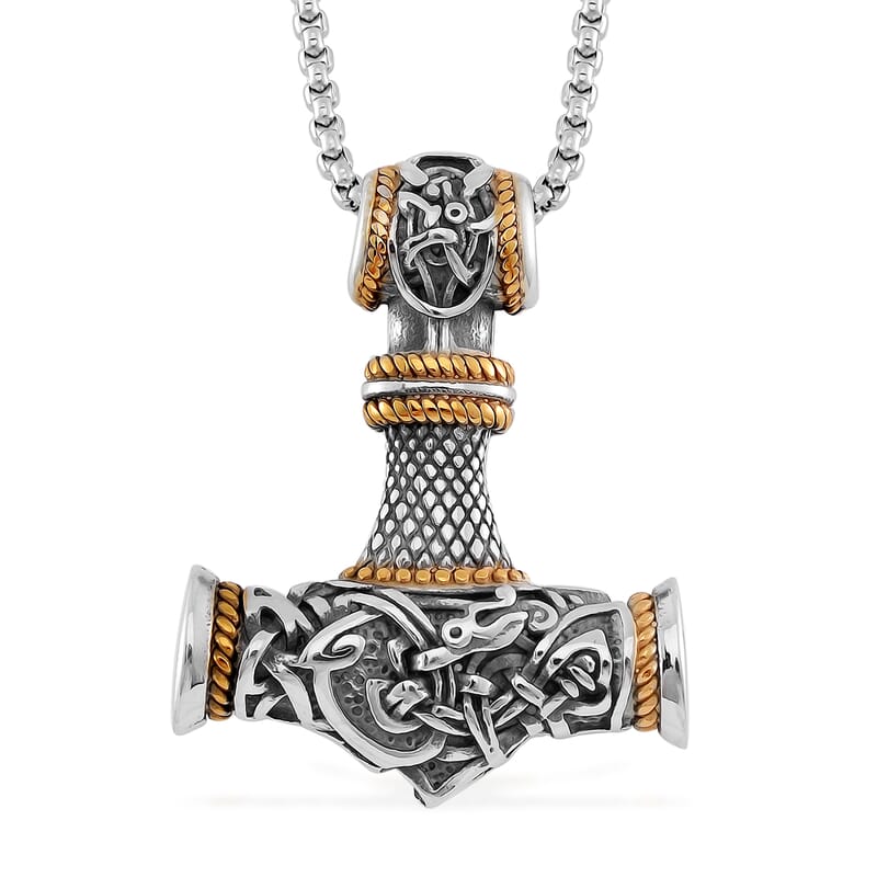 Hammer Pendant Necklace in ION Plated YG and Black Oxidized Stainless Steel 23.5 Inches