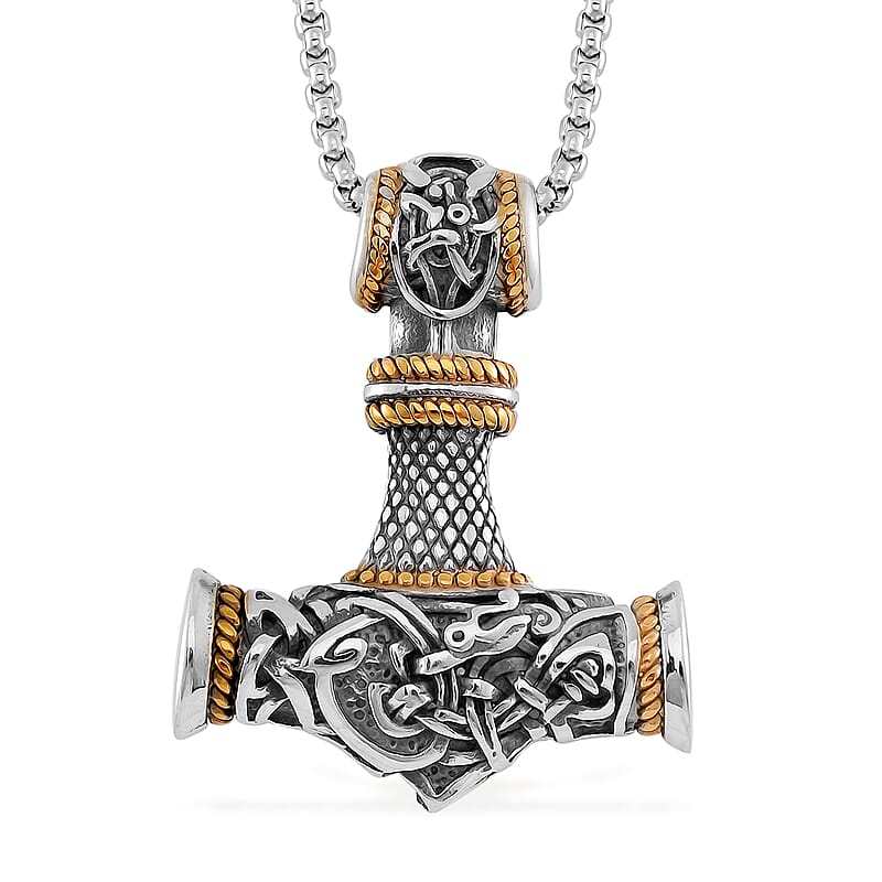 Hammer Pendant Necklace in ION Plated YG and Black Oxidized Stainless Steel 23.5 Inches