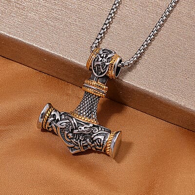 Hammer Pendant Necklace in ION Plated YG and Black Oxidized Stainless Steel 23.5 Inches