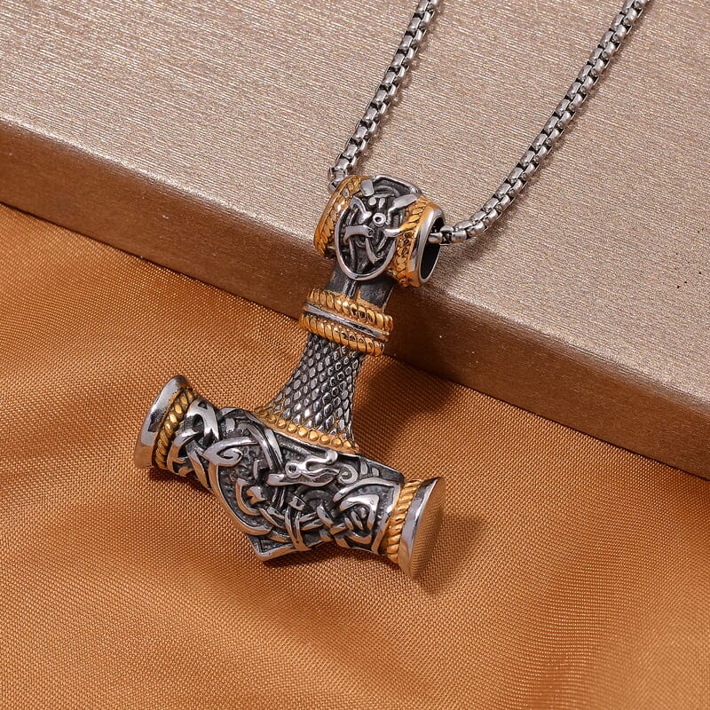 Hammer Pendant Necklace in ION Plated YG and Black Oxidized Stainless Steel 23.5 Inches