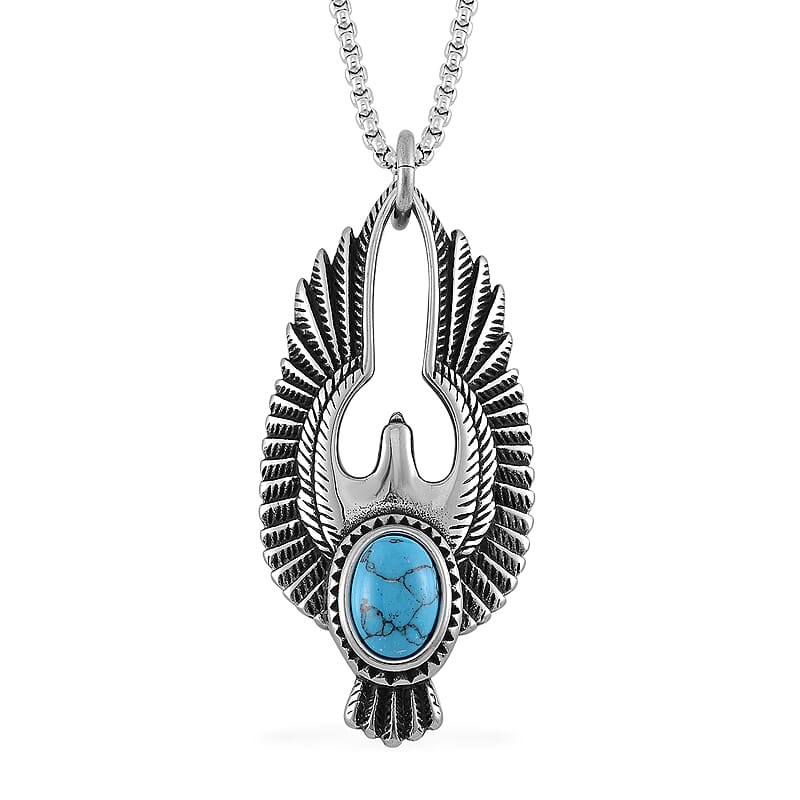 Blue Howlite 2.60 ctw Eagle Pendent Necklace in Black Oxidized Stainless Steel 23.5 Inches