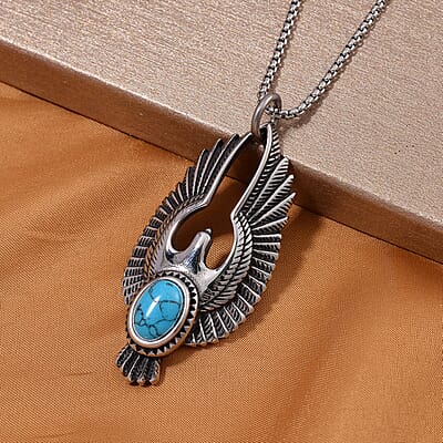 Blue Howlite 2.60 ctw Eagle Pendent Necklace in Black Oxidized Stainless Steel 23.5 Inches