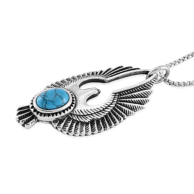 Blue Howlite 2.60 ctw Eagle Pendent Necklace in Black Oxidized Stainless Steel 23.5 Inches