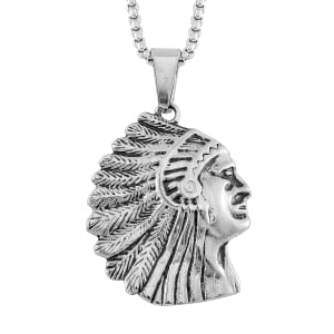 Native Cheif Head Pendant Necklace in Black Oxidized Stainless Steel 23.5 Inches