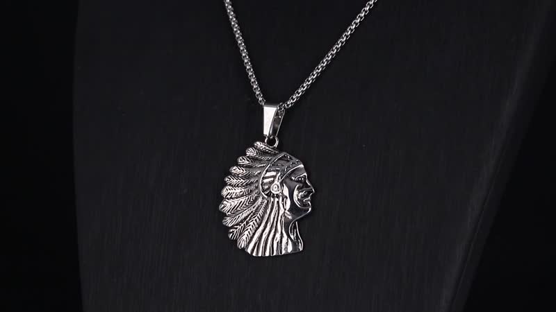 Native Cheif Head Pendant Necklace in Black Oxidized Stainless Steel 23.5 Inches