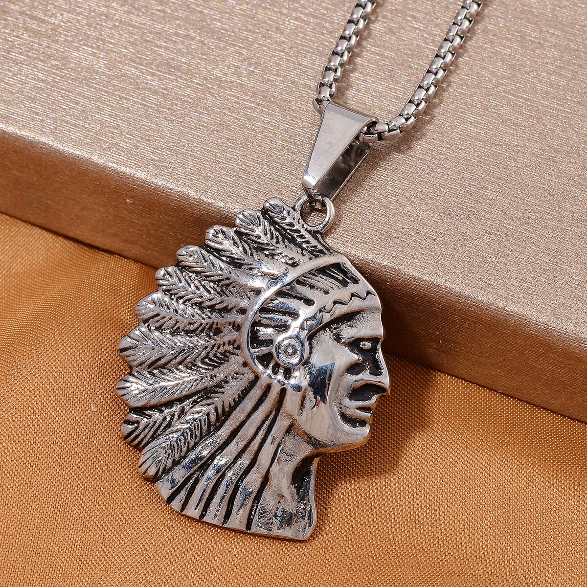 Native Cheif Head Pendant Necklace in Black Oxidized Stainless Steel 23.5 Inches image number 1