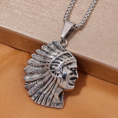 Native Cheif Head Pendant Necklace in Black Oxidized Stainless Steel 23.5 Inches