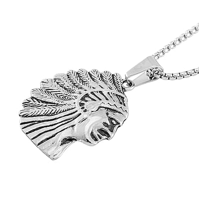 Native Cheif Head Pendant Necklace in Black Oxidized Stainless Steel 23.5 Inches