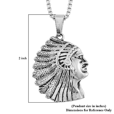 Native Cheif Head Pendant Necklace in Black Oxidized Stainless Steel 23.5 Inches