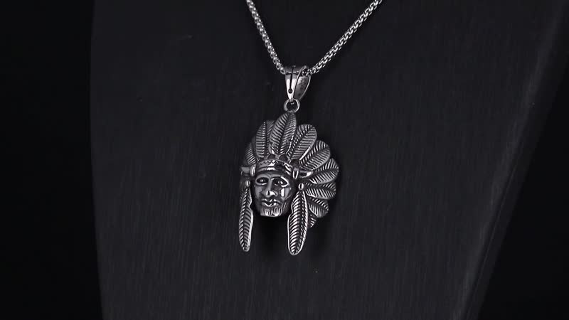 Native Chief Head Pendant Necklace in Black Oxidized Stainless Steel 23.5 Inches