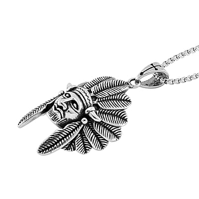 Native Chief Head Pendant Necklace in Black Oxidized Stainless Steel 23.5 Inches