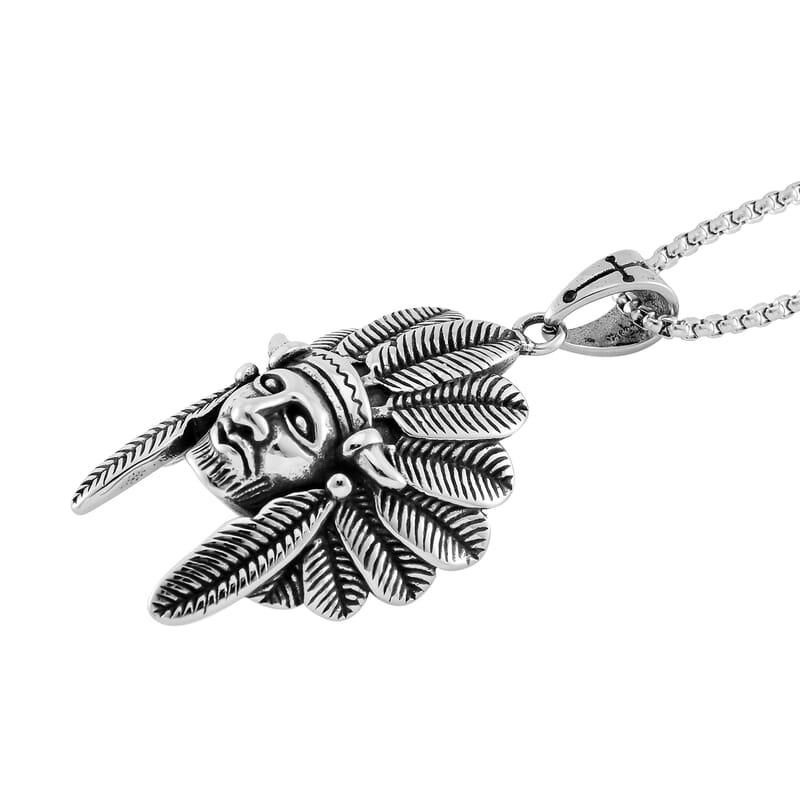 Native Chief Head Pendant Necklace in Black Oxidized Stainless Steel 23.5 Inches