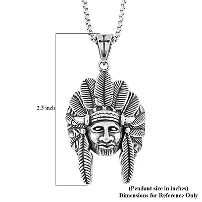 Native Chief Head Pendant Necklace in Black Oxidized Stainless Steel 23.5 Inches