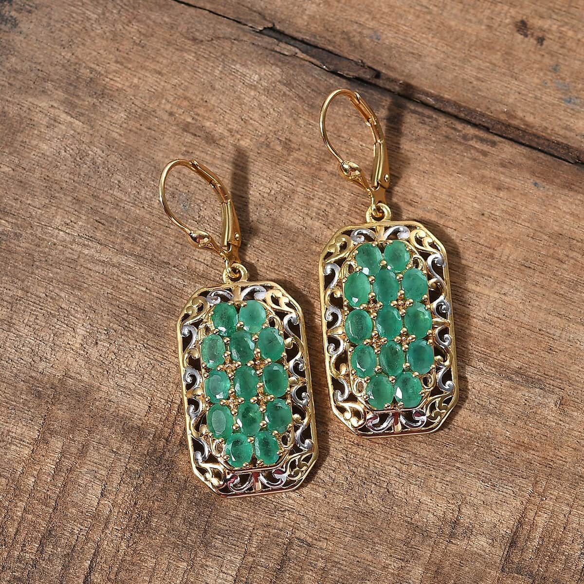 Kagem Zambian Emerald 4.50 ctw Royal Mosaic Earrings in Rhodium and 18K Vermeil YG Over Sterling Silver image number 1