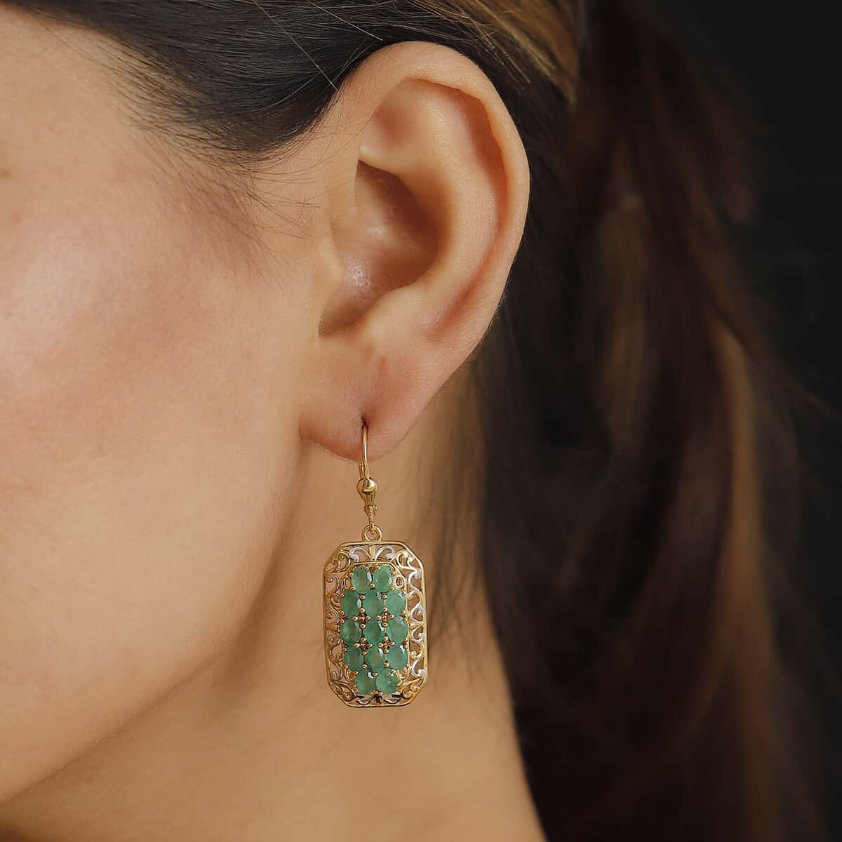 Kagem Zambian Emerald 4.50 ctw Royal Mosaic Earrings in Rhodium and 18K Vermeil YG Over Sterling Silver image number 2