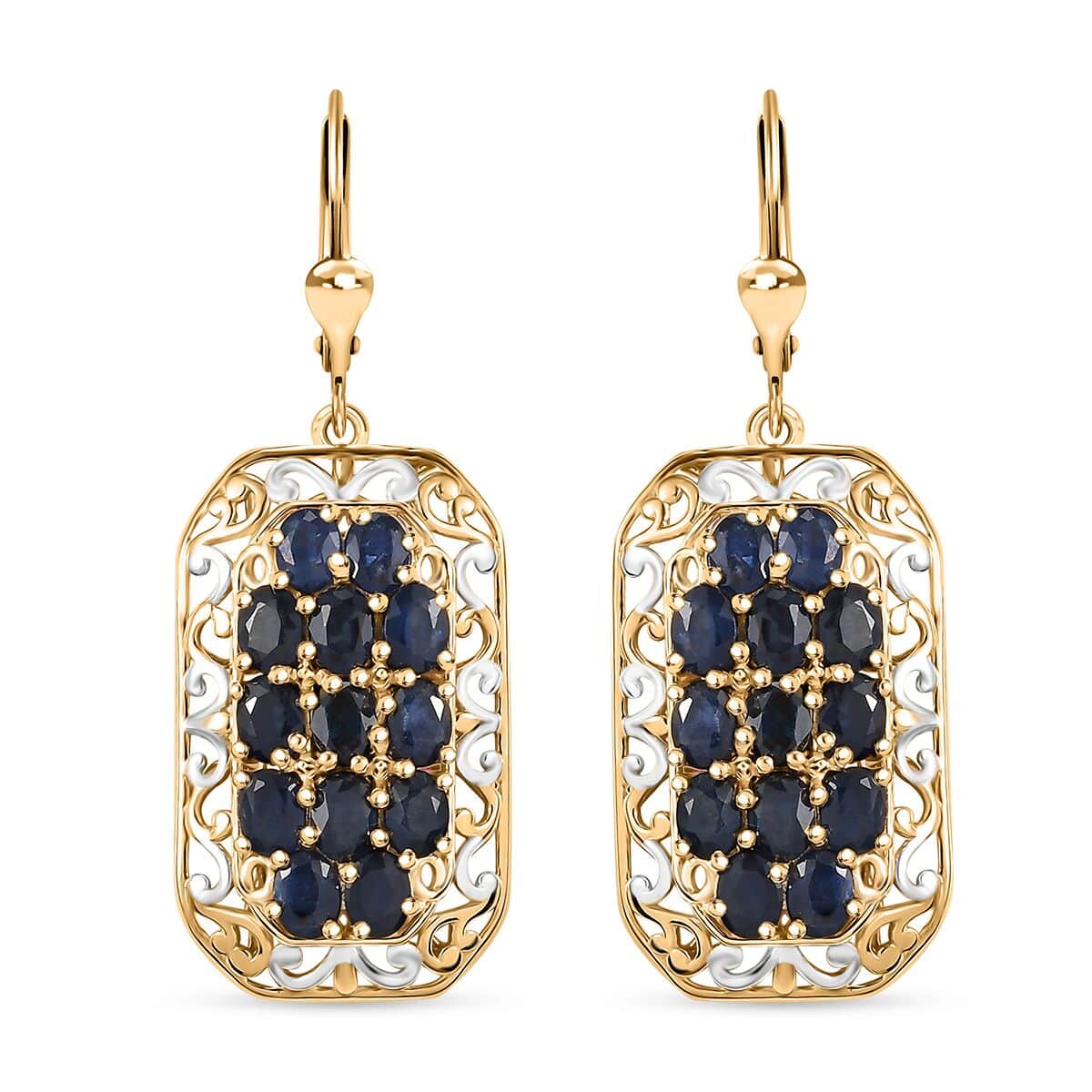 Kanchanaburi Blue Sapphire 6.25 ctw Royal Mosaic Earrings in Rhodium and 18K Vermeil Yellow Gold Over Sterling Silver image number 0