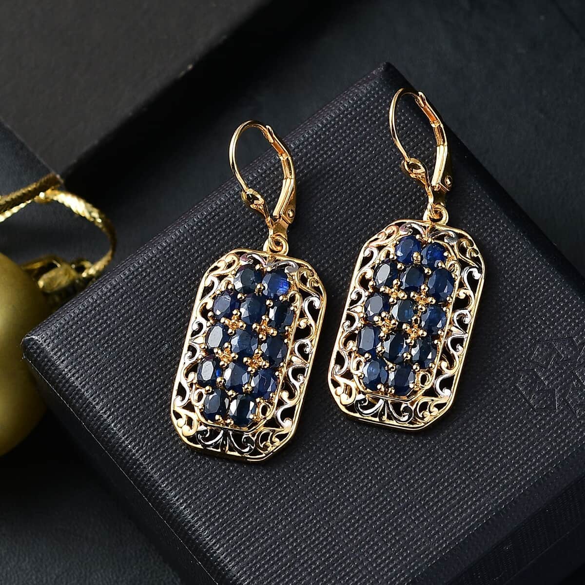 Kanchanaburi Blue Sapphire 6.25 ctw Royal Mosaic Earrings in Rhodium and 18K Vermeil Yellow Gold Over Sterling Silver image number 1