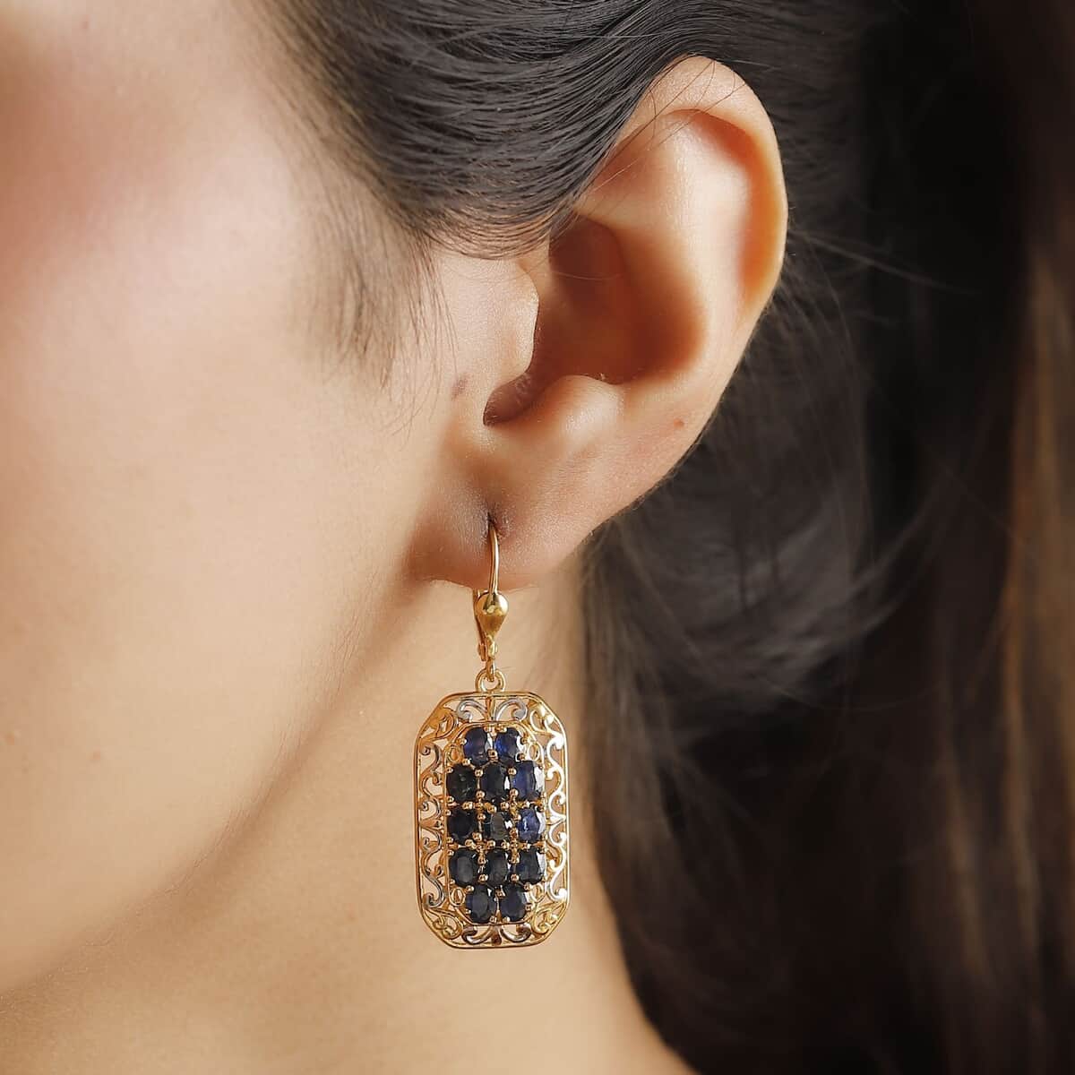 Kanchanaburi Blue Sapphire 6.25 ctw Royal Mosaic Earrings in Rhodium and 18K Vermeil Yellow Gold Over Sterling Silver image number 2