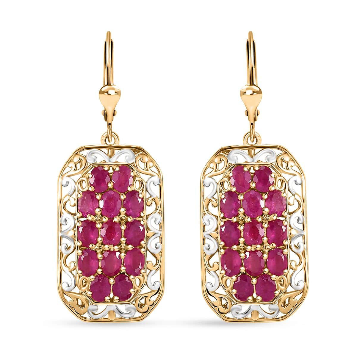 Mozambique Ruby 5.30 ctw Royal Mosaic Earrings in Rhodium and 18K Vermeil Yellow Gold Over Sterling Silver image number 0