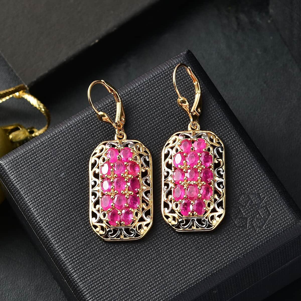 Mozambique Ruby 5.30 ctw Royal Mosaic Earrings in Rhodium and 18K Vermeil Yellow Gold Over Sterling Silver image number 1