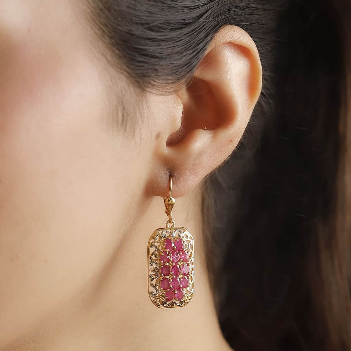 Mozambique Ruby 5.30 ctw Royal Mosaic Earrings in Rhodium and 18K Vermeil Yellow Gold Over Sterling Silver image number 2