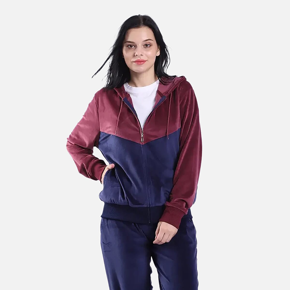 Hanton Navy and Magenta Women's Color-Block 2 Piece Velvet Set - S image number 1