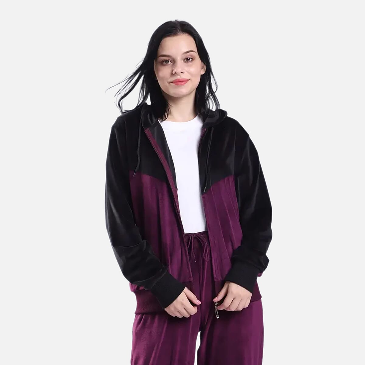 Hanton Purple and Black Women's Color-Block 2 Piece Velvet Set - S image number 1