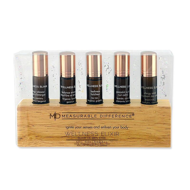 Measurable Difference Wellness Elixir - 5pc Wooden Base Rollerball Collection 0.33oz x5