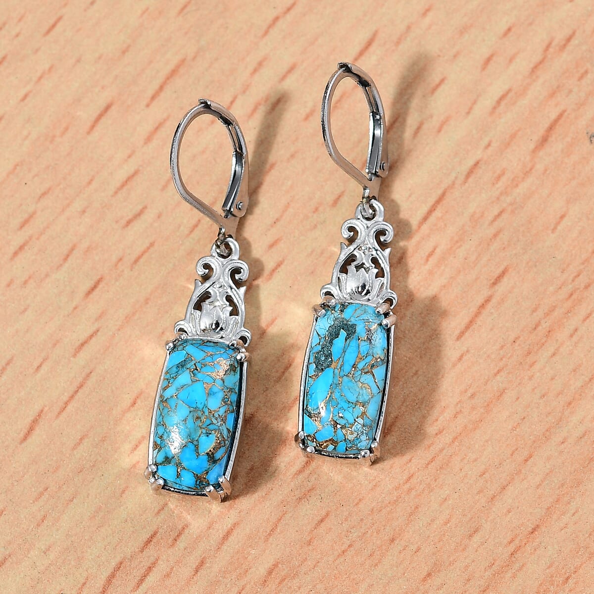Matrix Chestnut Brine Turquoise 7.40 ctw Lever Back Earrings in Platinum Over Copper with Magnet image number 1