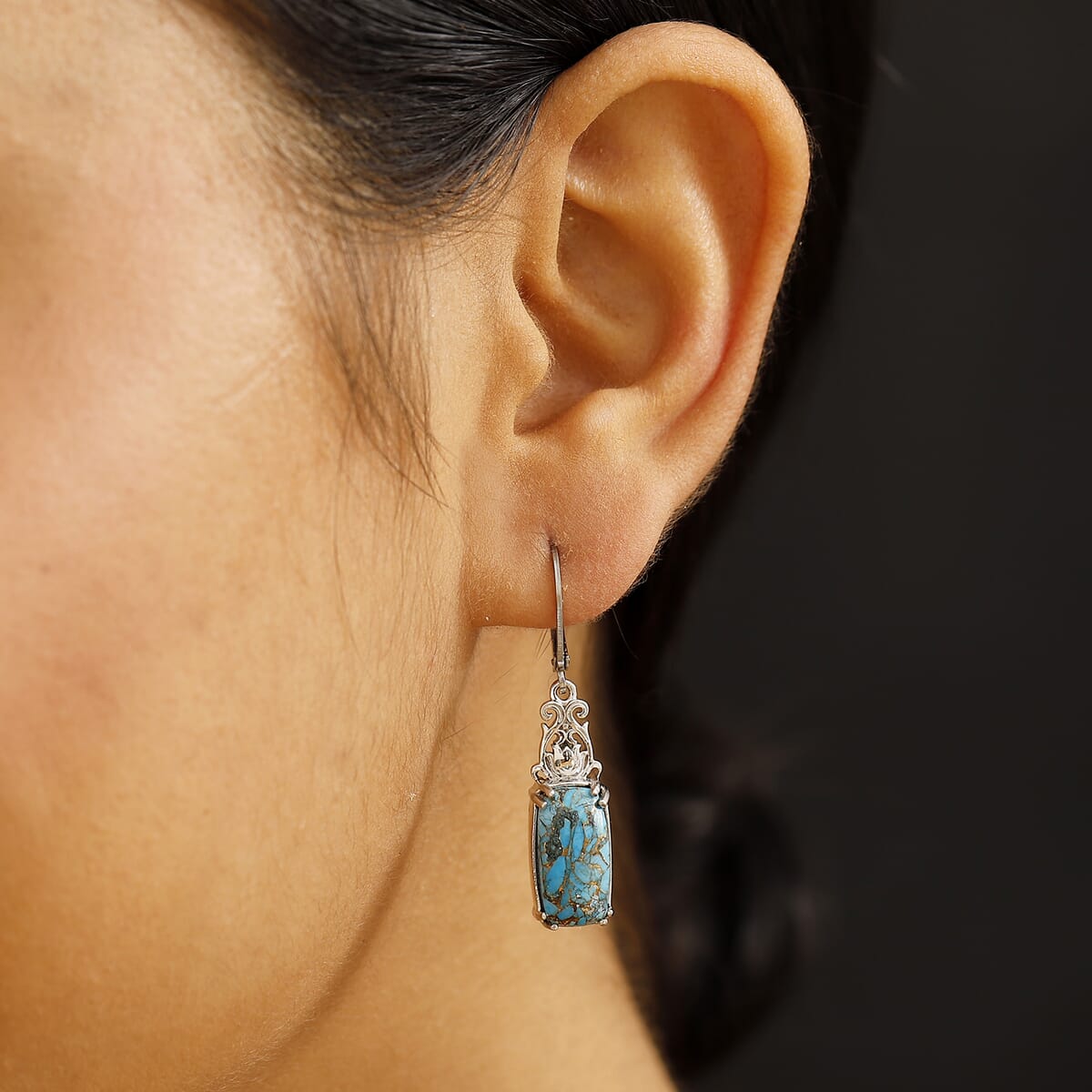 Matrix Chestnut Brine Turquoise 7.40 ctw Lever Back Earrings in Platinum Over Copper with Magnet image number 2