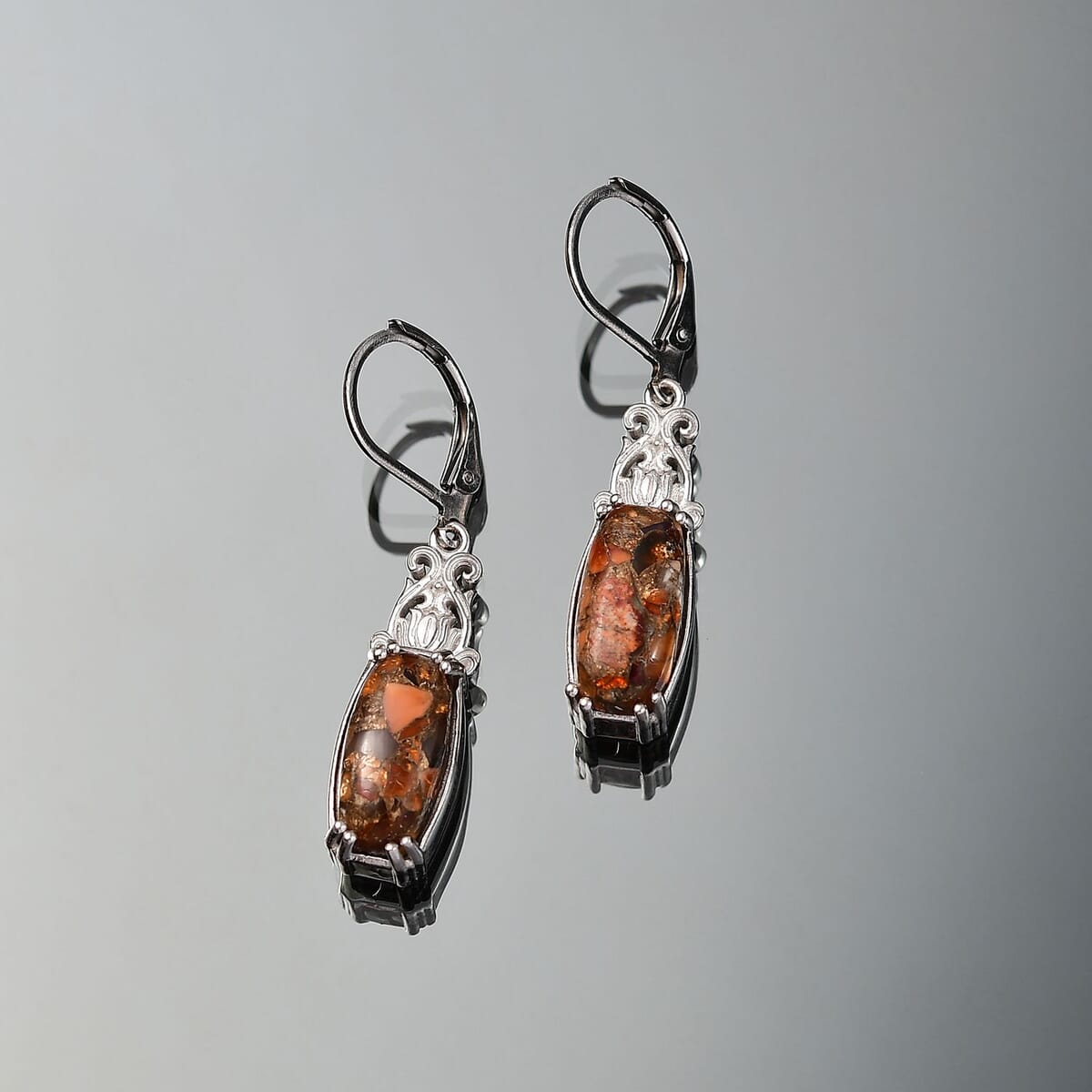 Matrix Fire Opal 6.00 ctw Lever Back Earrings in Platinum Over Copper with Magnet image number 1