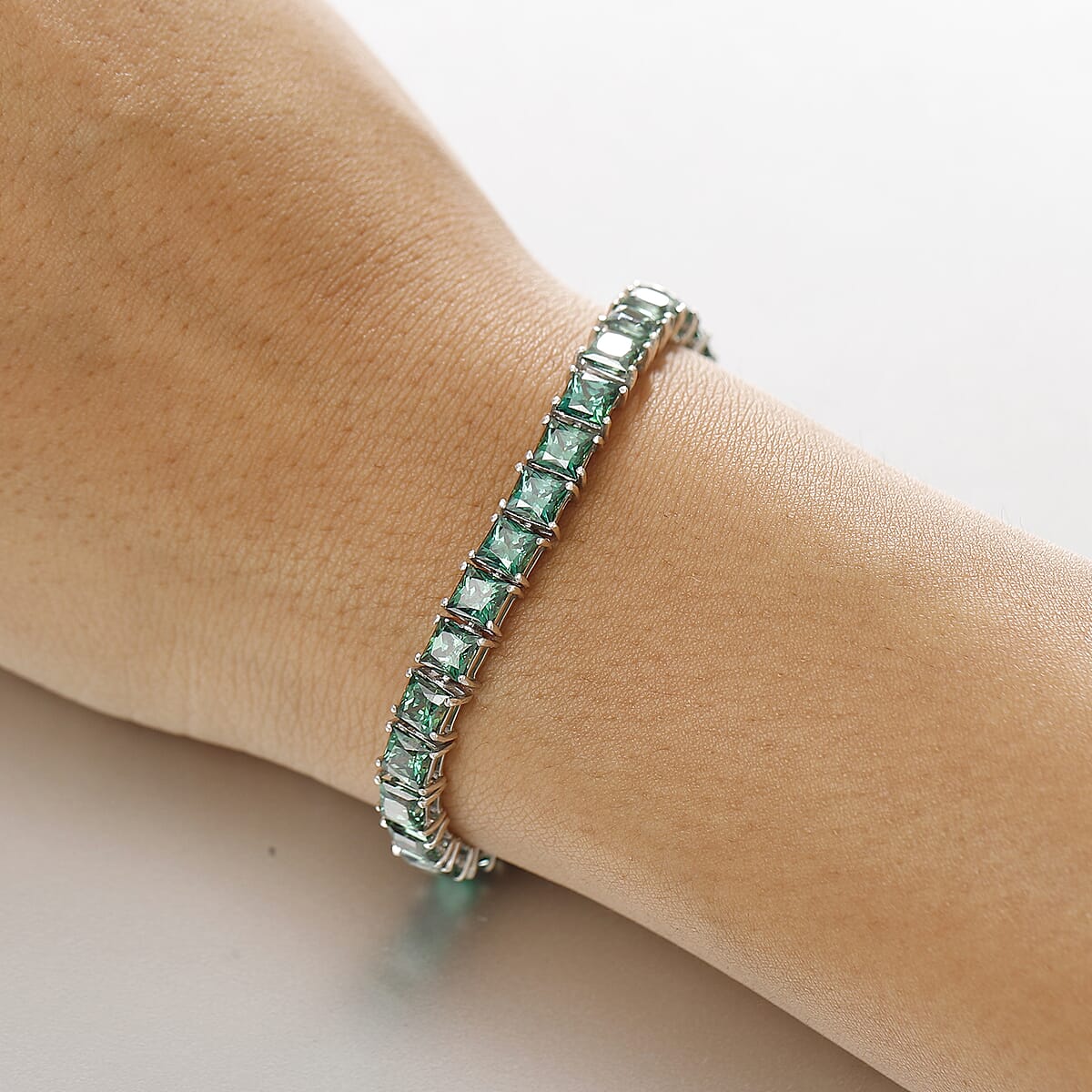 J Francis Embellished with Green Zirconia by Swarovski 40.50 ctw Iconic Tennis Bracelet in Rhodium Over Sterling Silver (6.50 In) image number 2