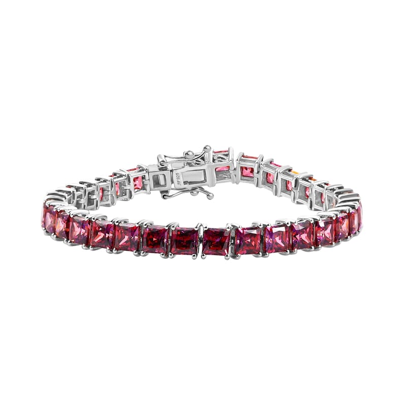 J Francis Embellished with Dark Red Zirconia by Swarovski 44.40 ctw Iconic Tennis Bracelet in Rhodium Over Sterling Silver (7.25 In)