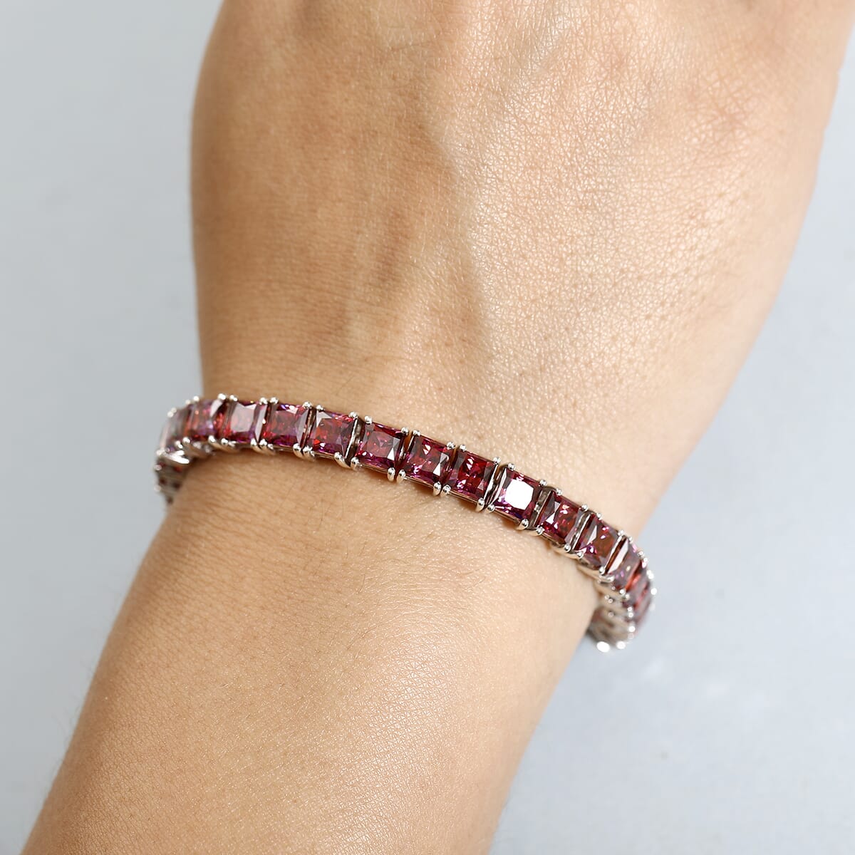 J Francis Embellished with Dark Red Zirconia by Swarovski 44.40 ctw Bracelet in Rhodium Over Sterling Silver (7.25 In) image number 2