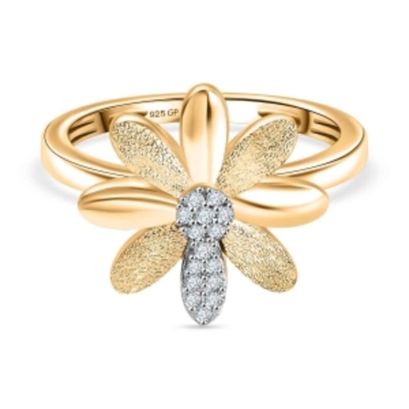 White Diamond and Kanchanaburi Blue Sapphire 0.10 ctw Ring in 18K Vermeil Yellow Gold Over Sterling Silver (Size 10.0)