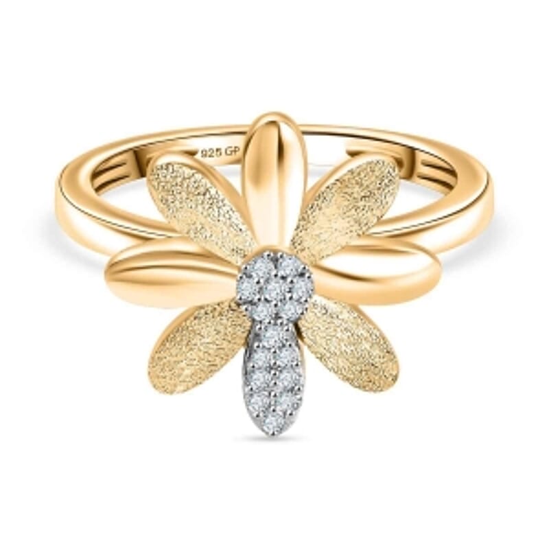White Diamond and Kanchanaburi Blue Sapphire 0.10 ctw Ring in 18K Vermeil Yellow Gold Over Sterling Silver (Size 10.0)
