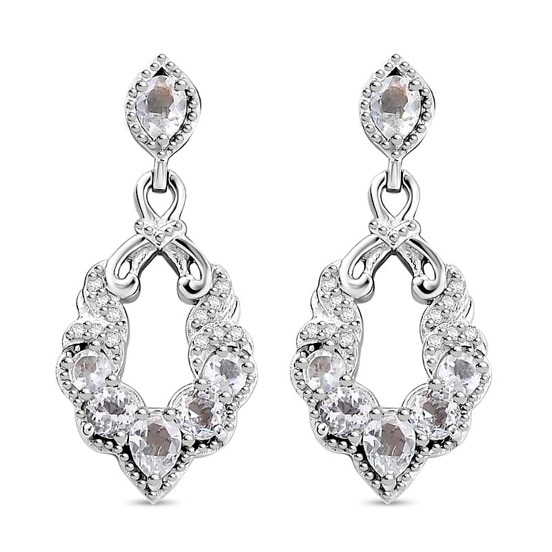 D'Joy Premium Malagasy Moonstone and White Zircon 1.70 ctw Dangle Earrings in Rhodium Over Sterling Silver