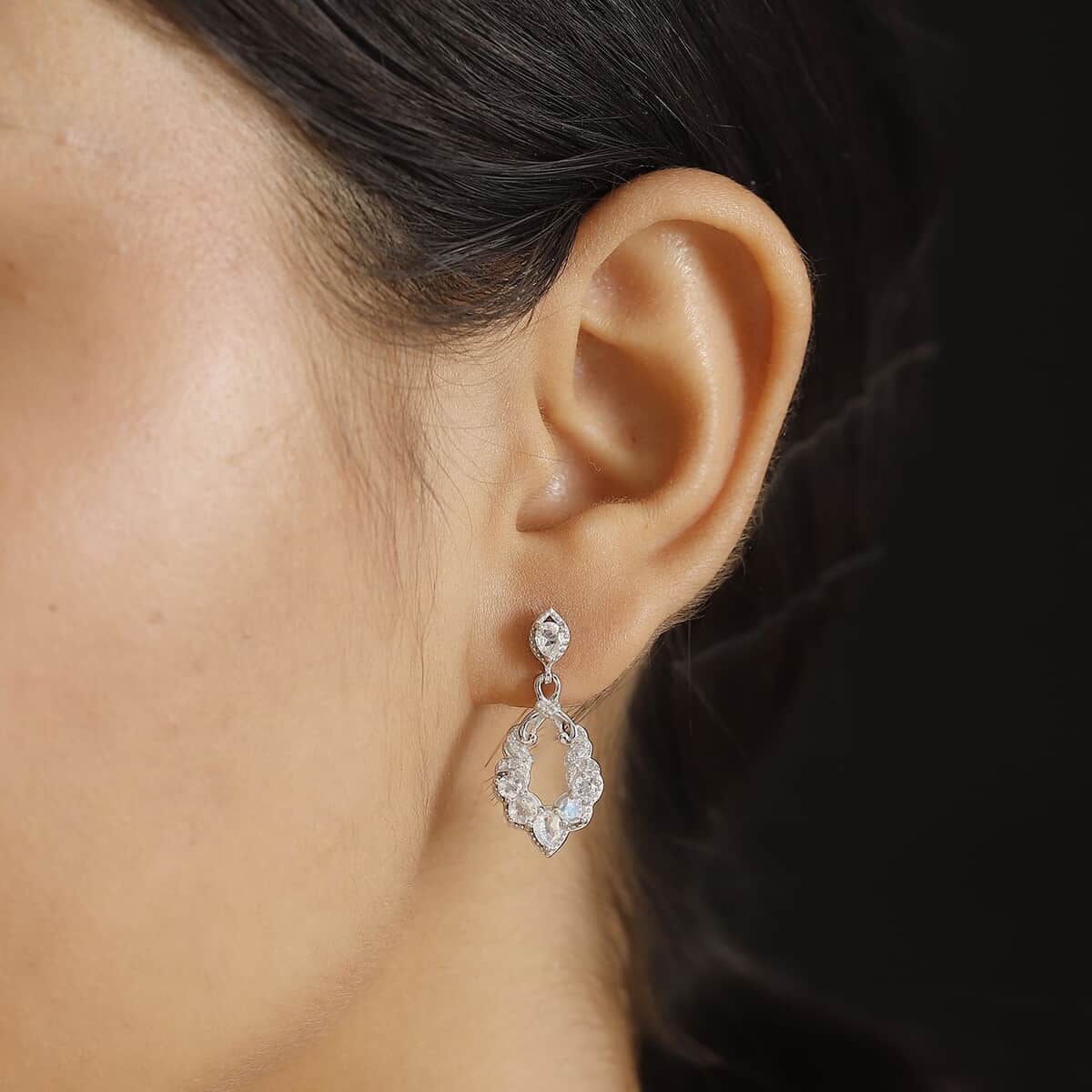 Premium Malagasy Moonstone and White Zircon 1.70 ctw Dangle Earrings in Rhodium Over Sterling Silver image number 2