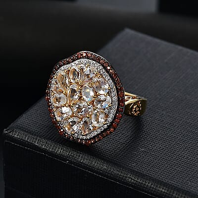 Premium Malagasy Moonstone, Brown and White Zircon 3.50 ctw Ring in 18K Vermeil Yellow Gold Over Sterling Silver (Size 10.0) (Del. in 8-10 Days)