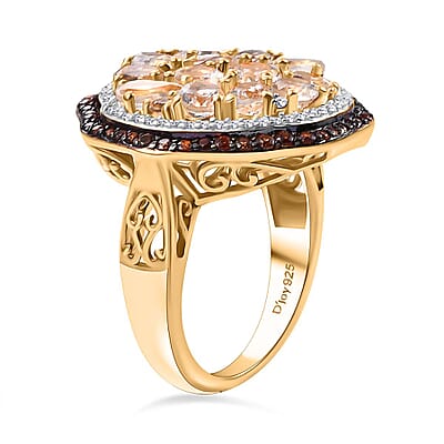 Premium Malagasy Moonstone, Brown and White Zircon 3.50 ctw Ring in 18K Vermeil Yellow Gold Over Sterling Silver (Size 10.0) (Del. in 8-10 Days)