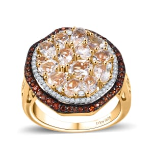 Premium Malagasy Moonstone, Brown and White Zircon 3.50 ctw Ring in 18K Vermeil Yellow Gold Over Sterling Silver (Size 6.0) (Del. in 8-10 Days)