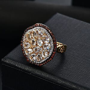 D'Joy Premium Malagasy Moonstone, Brown and White Zircon 3.50 ctw Ring in 18K Vermeil Yellow Gold Over Sterling Silver (Size 7.0)