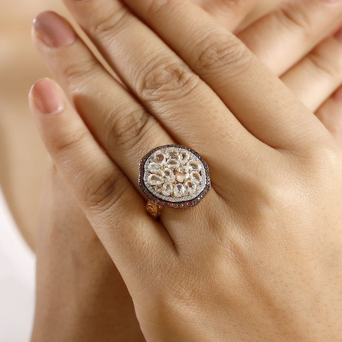 Premium Malagasy Moonstone, Brown and White Zircon 3.50 ctw Ring in 18K Vermeil Yellow Gold Over Sterling Silver (Size 8.0) (Del. in 8-10 Days) image number 2
