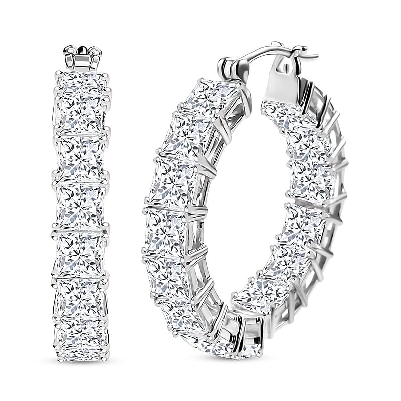 J Francis Embellished with Zirconia by Swarovski 36.85 ctw Iconic Tennis Hoop Earrings in Rhodium Over Sterling Silver