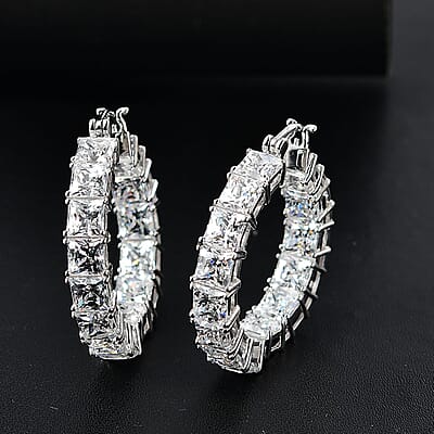 J Francis Embellished with Zirconia by Swarovski 36.85 ctw Iconic Tennis Hoop Earrings in Rhodium Over Sterling Silver