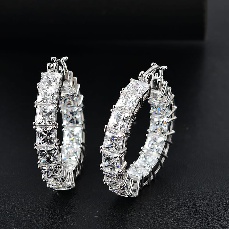 J Francis Embellished with Zirconia by Swarovski 36.85 ctw Iconic Tennis Hoop Earrings in Rhodium Over Sterling Silver