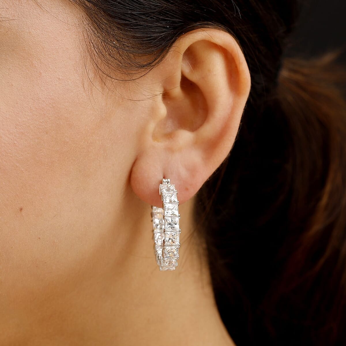 J Francis Embellished with Zirconia by Swarovski 36.85 ctw Hoop Earrings in Rhodium Over Sterling Silver image number 2